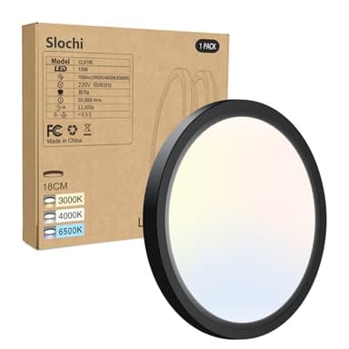slochi Plafonnier LED, 3000K 4000K 6500K 3 Couleurs Lampe Plafond, 15W 1500LM, Moderne, Rond, IP44 Etanche Plafonnier Salle de Bain pour Cuisine, Chambre,Couloir, Garage, Balcon, Noir