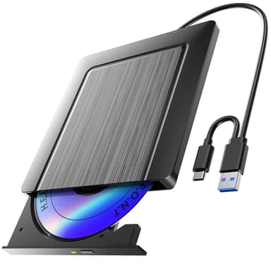 Lecteur CD/DVD Externe pour PC, Ultramince USB 3.0 et USB-C Graveur DVD Externe Optique Portable CD/DVD -/+RW Drive, Mince DVD Player Transmission Rapide Câble USB Intégrée pour Windows/MacOS/Laptop