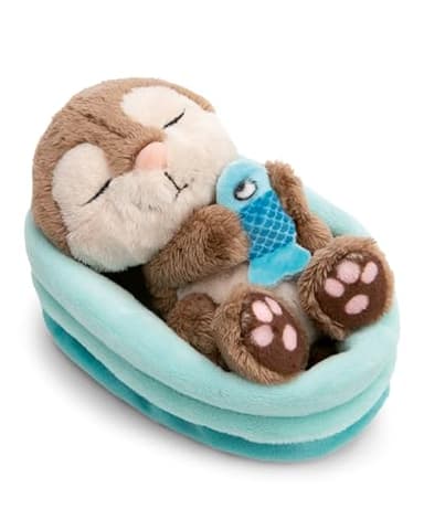 NICI doudou loutre avec poisson 12 cm endormi dans le panier - gris - Peluche douce, adorable pour câliner et jouer, pour enfants et adultes, une excellente idée cadeau - 61582