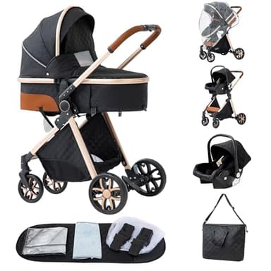 ALYIKOU-poussette 3 en 1，Combinaison pliable poussette 3 in 1，poussette bebe 0 a 3 ans Housse de pluie, sac Mommy, moustiquaire, accessoires de siège, adaptateur universel (LV9 Noir)