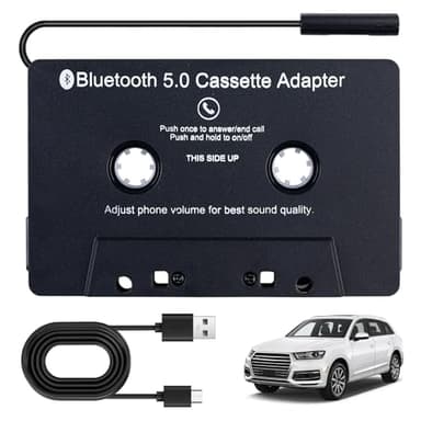 Sporgo Adaptateur Cassette Bluetooth 5.0 pour Autoradio - Récepteur AUX vers Adaptateur Auxiliaire pour Voiture - Noir
