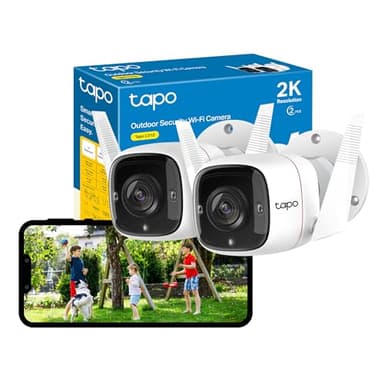 Tapo C310P2 Lot de 2 caméras de sécurité 2K d'extérieur sans fil et filaire, caméra extérieure sans frais mensuels, détection AI, vision nocturne avancée, conversation bidirectionnelle, étanchéité