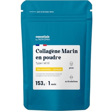 Collagene Marin Poudre Type 1 et 3, Non Aromatisé, 5g par jour, Cure de 30 jours, Peptides Hydrolysés 2000 DA, Peau Hydratée & Articulations Souples, Sachet 153g, Essentials by Novoma