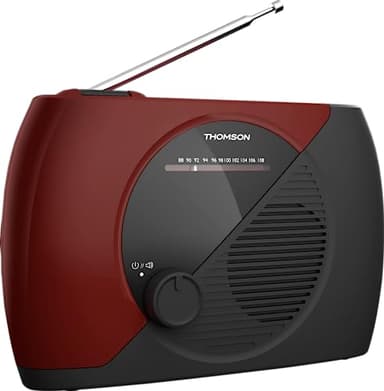 THOMSON Radio Portable FM, Tuner Analogique, Secteur ou Piles - Poste Compact pour Écoute en Tous Lieux, Couleur Rouge et Noir - RT353