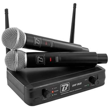 BoomToneDJ UHF Duo - Système Complet micros sans Fil UHF - 2 Microphones dynamiques Main - Double Canal - 663.5 et 682.2 MHz. Idéal pour Chant, Discours, Karaoke, Animation.