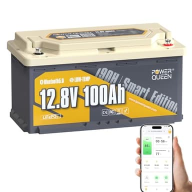 Power Queen Bluetooth Batterie Lithium 12V 100Ah Batterie LiFePO4 avec Protection Low-Temp,BMS Smart 100A,15000 Cycles pour Siège de la Plupart de Camping-Cars Hauteur190MM Caravane Bateau Solaire