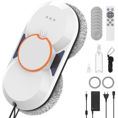 Robot Nettoyeur Vitres, 5600Pa Robot Laveur de Vitre Automatique avec Double Pulvérisation D'eau Automatique, 3 Modes de Nettoyage, Télécommande, Navigation Intelligente, Système de Sécurité＆8 Chiffon