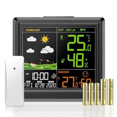Station Météo Interieur Exterieur Sans Fil, Thermometre Hygrometre avec Capteur, Avec Ecran LCD Couleur Rétro-Éclairé, 3 Niveaux Luminosité, Avec Date Heure, Réveil, Prévision Météorologique