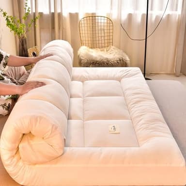 Tatami Japonais, Matelas Futon Japonais, Futon Pliable 1 Place ou 2 Places, Matelas 2 Personnes Pliable, Matelas Futon Camping 2 Personnes, Lit Futon pour Canapé et Camping(White,90x200cm)