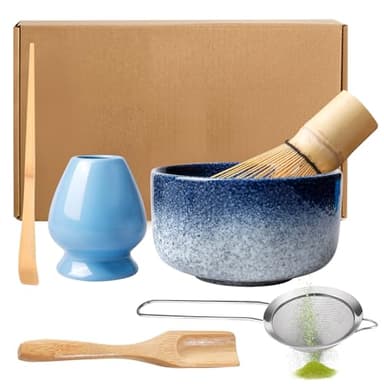 Japonais Matcha Kit, 6 Pièces Ensemble à Thé Matcha, Set De Fouet à Matcha, Kit De Cérémonie De Matcha Avec Fouet Bambou, Cuillère à Thé, Bol Artisanal En Céramique Et Support à Fouet (Kiln Blue)