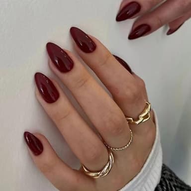 Ceboic 24Pcs Amande Faux Ongles Court, Couleur Pure French Press on Nails Glossy Vin Rouge Ongles à Coller, Ovale Couverture Complète Acrylique Fake Nails pour Femmes et Filles Nail Art Décoration