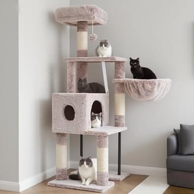 Heybly Arbre À Chat, 125 Cm Petit Arbre avec Niche, Plateforme Douce, Griffoir en Sisal, Panier Et Structure en Acier Robuste, Marron Beige HCT200SMU-