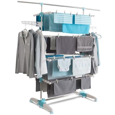 IDMarket - Séchoir à Linge Vertical Pliable 4 Niveaux Optimum capacité 30M avec Tringle télescopique Blanc et Bleu