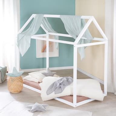Roba Lit Cabane 70 x 140 cm pour Enfant en Bois Massif Certifié FSC - Montessori au Sol - Maisonnette - Cadre de Lit Maison pour Fille et Garçon - Dès 12 Mois - Laqué Blanc