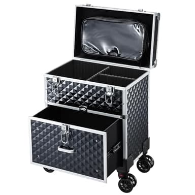 Valise Maquillage avec roulettes Malette Maquillage Professionnelle avec Casiers Valise Coiffure Malette Onglerie pour Maquilleurs, Coiffeurs et Techniciens en Ongles, avec Sac Détachable, Noir