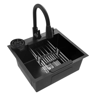 YIEMJS Évier en granit noir 50 x 45 cm – Évier avec égouttoir et kit complet – Évier de cuisine, pour meuble bas à partir de 40 cm, avec douchette, mousseur et distributeur de savon