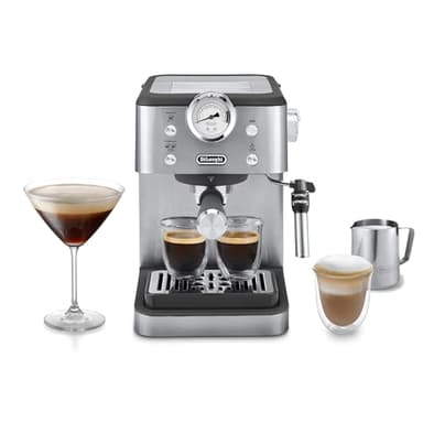 De'Longhi Linea Classic EM450.M Machine à café manuelle avec tige vapeur, machine à expresso avec pompe barista, buse pour cappuccino, filtre double paroi, 15 bar, tasse jusqu'à 13 cm, acier