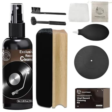 DINGSEN Kit de nettoyage complet 8 en 1 pour disques vinyles de 100 ml, brosse à poignée droite, brosse à tête ronde, plateau de disque en silicone, lingette en daim, boule de lavage des oreilles et