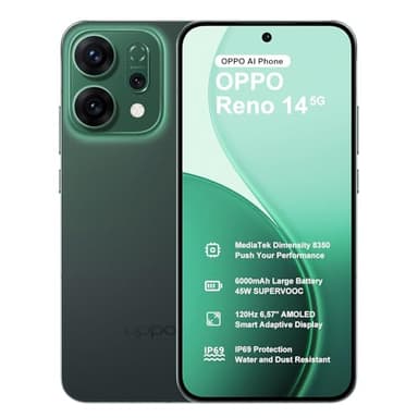 OPPO Reno14 5G 12+256Go IA Smartphone Android Débloqué, Dimensity 8350 Téléphone, Caméra AI 50+8+50MP, Batterie 6000mAh, SUPERVOOC 80W, Écran 120Hz 6,59" AMOLED, IP69, Vidéo 4K, NFC, Dual SIM, Vert
