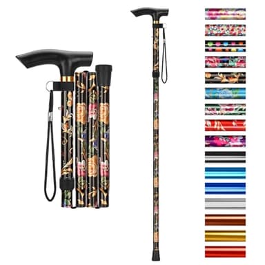 supregear Canne Pliante, Hauteur Réglable à 5 Niveaux Canne de Marche Légère Portable Bâtons de Voyage avec Dragonne et Poignée en T pour Personnes Âgées Handicapées Hommes Femmes, Floral Noir