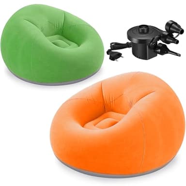 MALLOOM 2 Chaises Poufs Gonflables pour Adultes – Canapé Paresseux Gonflable avec Pompe Électrique – Canapé Portable Pliable pour Salon, Chambre, Extérieur, Camping 120 cm (Vert, Orange)