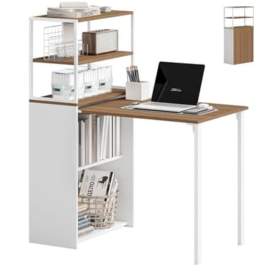HOMCOM Bureau d'ordinateur Pliable avec étagères de Rangement à 4 Niveaux, Bureau avec 2 niches, Table Informatique pour Chambre, Bureau, Salle d'étude, 105 x 60 x 127 cm, chêne et Blanc