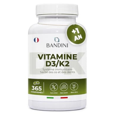 Bandini® Vitamine D3 K2 (MK7) Extra Fort 365 Comprimés (1 An) | 2000 UI Cholécalciférol + 200 mcg Ménaquinone | Pour les Os, les Muscles, le Système Immunitaire, les Dents | Vitamines D3+K2 MK-7