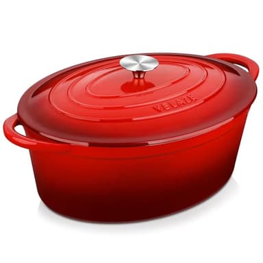 Velaze Cocotte Fonte 7L Émaillée, Marmite Fonte 34cm, Antiadhésive Couvercle Rouge, Compatible Induction/Gaz/Four