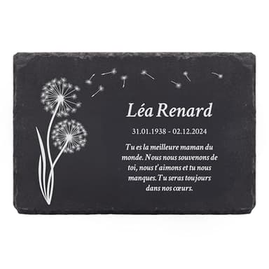 LAUBLUST Plaque funéraire personnalisée avec nom & photo comme ornement de tombe | Plaque en ardoise gravée & plaque сommémorative – 3 tailles | Belle pierre tombale avec texte (Motif Pissenlit)
