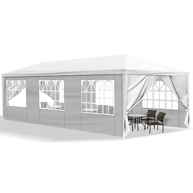 Bonnlo Tonnelle de Jardin 3x9m avec 8 Parois Latérales imperméable avec 6 fenêtres Tente de Réception en Toile PE Tubes Spiralés en Fer Barnum Blanc pour Camping Mariage Parking Fête