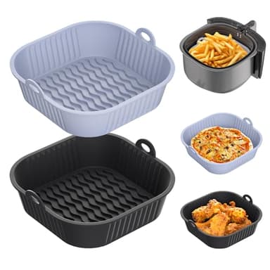 Diboniur Plat Air Fryer 5-8 L, 2 Pièces Moule Silicone Air Fryer Accessoires, Base Surélevée, Moule Silicone Réutilisable pour Poulet, Frites, Pizzas, Gâteaux, Pain (Gris et Noir)