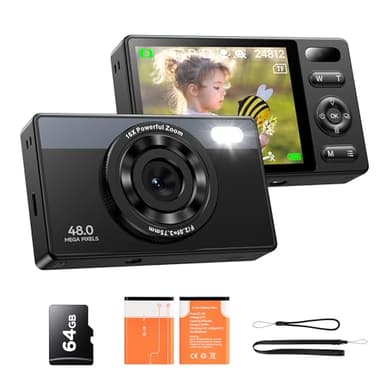 64Go Appareil Photo Numérique Enfant: 48MP Caméra Anti-secousse Photographie Vlogging Caméra pour Youtube 16X Zoom Numérique Photo Filtration Prise de Vue Continue Autofocus Compacte