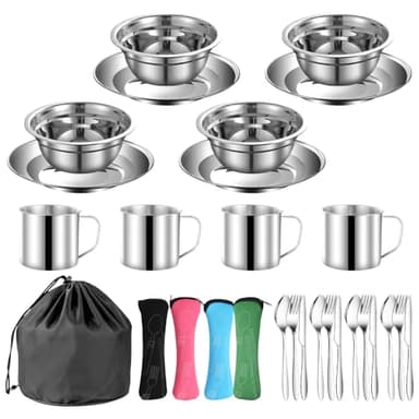 Tissting 24 Pièces Lot de Ustensiles de Cuisine de Camping pour 4 Personnes, Kit Cuisine de Camping, Vaisselle de Camping en Acier Inoxydable avec Assiettes, Tasses, Cuillères, Fourchettes Couteaux