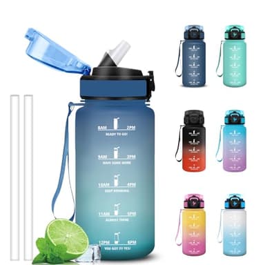 Grsta Gourde 500ml, Gourde Enfant avec Paille, Facile à Nettoyer, Anti Fuite Bouteille Motivationnelle, Verrou de Sécurité, Gourdes avec Marqueur de Temps pour Voyages, Yoga, Plein Air