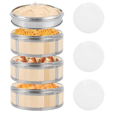 SHUESS Cuiseur vapeur en bambou 3 pièces avec couvercle Ø 20 cm – Appareil de cuisson vapeur en bambou avec supports en silicone – Cuiseur vapeur empilable en bambou pour légumes, dumplings, dim sum