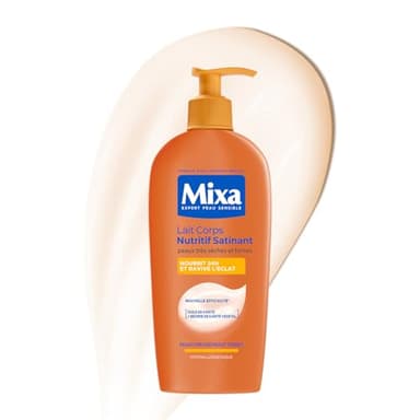 MIXA - Lait Corps Nutritif Satinant - Nutrition Intense & Éclat Naturel - Huile & Beurre de Karité Végétal - Peaux Mates à Foncées, Sèches et Sensibles - 400ml