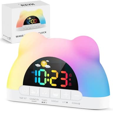Azyh Réveil enfant, réveil numérique pour filles et garçons, réveil plug-in avec entraîneur de sommeil et veilleuse RGB à 11 couleurs, apprentissage du sommeil et du réveil, bruit blanc, double alarme