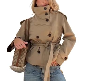 Générique Printemps Et Automne Rétro Élégant Classique Col Montant Double Boutonnage Court Trench-coat Mode Affaires Décontracté Bureau Manteau Avec Ceinture (Kaki,S)