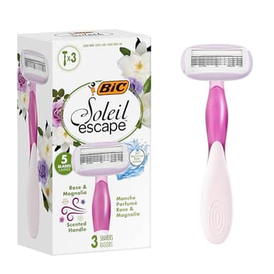 BIC Soleil Escape - 3 Rasoirs pour Femme à 5 Lames avec Bande Hydratante à l'Huile d'Amande et Manche Parfumé Rose et Magnolia pour un Rasage de Près Confortable