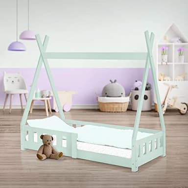 ML-Design Lit d'enfants Tipi 70x140cm Vert Menthe avec Protection Contre Les Chutes et Sommier à Lattes, Bois de Pin, Lit Indien d'Intérieur avec Clôture Grille De Sécurité Tente De Jeu Style Maison