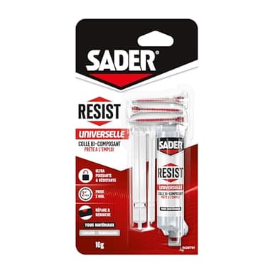 Sader Resist Universelle – Colle Bi-Composants type Epoxy – Colle de Réparation Tous Supports – Intérieur/Extérieur – Couleur : Translucide – 1 Seringue de 10 g (+ 3 embouts mélangeurs)