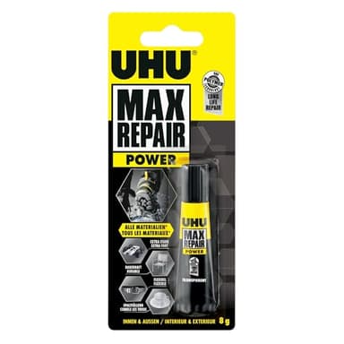 UHU Max Repair power - Colle extra puissante et flexible, transparente, idéale pour les chaussures, le caoutchouc, le cuir, tube 8g