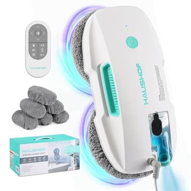 HAUSHOF Robot Nettoyeur de Vitres, Robot Laveur de Vitre Automatique, Nettoyeur de Vitres Électrique, Aspiration Puissante 3800Pa, Détection des Bords, Télécommandé, pour Surfaces Lisses