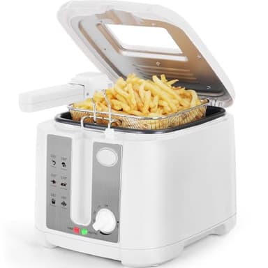 Aigostar Indra 30HEX - Friteuse 100% sans BPA avec grande fenêtre de vue, thermostat réglable et indicateurs lumineux. Couleur blanche, 1650W, capacité de 2,5L