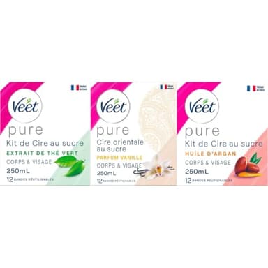 Veet - Lot de 3 pots de cire au sucre, Epilation Sans Bande, 3 parfums, Vanille, Huile d'Argan et Thé Vert, Ingrédients 100% Naturels, 250ml chacun