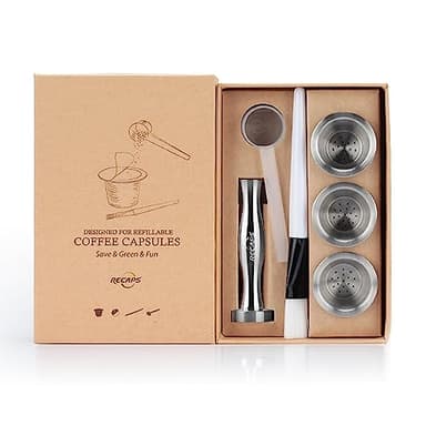 RECAPS Capsule à café réutilisables, Capsule rechargeable et réutilisable compatible avec Nespresso Originaline MAIS PAS TOUS (3 dosettes +120 Couvercles +1 presse +1 cuillère)