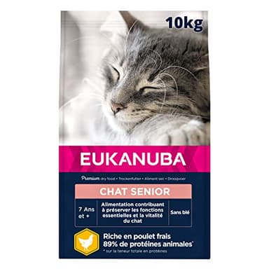EUKANUBA – Croquettes Premium pour Chat Senior - Alimentation 100% Complète et Equilibrée - Riche en Riz – Au Poulet Frais – L-carnitine – Sans OGM, Sans Blé - Sac refermable – 10kg