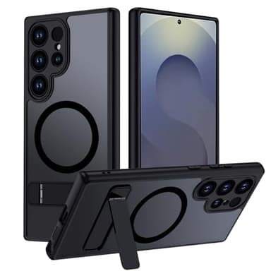 TUUTPU Coque pour Samsung Galaxy S24 Ultra Compatible avec MagSafe, Etui Translucide Matte avec Béquille Magnétique Case [3 Modes de Support Réglable] Protection Anti Chutes de Militaire Housse, Noir