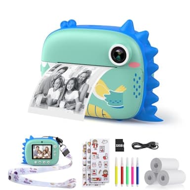 HiMont Appareil Photo Instantané Enfants, Numérique avec Papier d'impression & Carte TF 32G, Caméra Vidéo avec Stylos Colorés pour Le Bricolage, Cadeau pour Filles Garçons de 3-14 Ans