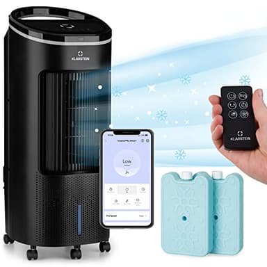 Klarstein Rafraichisseur d'Air 4 en 1, Climatiseur Portable Smart APP Mobile, Humidificateur, Ventilateur, Sans Évacuation 65W, Pack Glacons, Mode Nuit, Puissant Débit d'Air 330m³/h